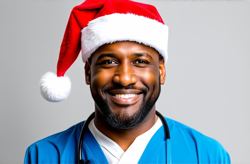  veterinarian in santa hat on light background ar 3:2, (natural skin texture), highly detailed face, depth of field, hyperrealism, soft light, muted colors