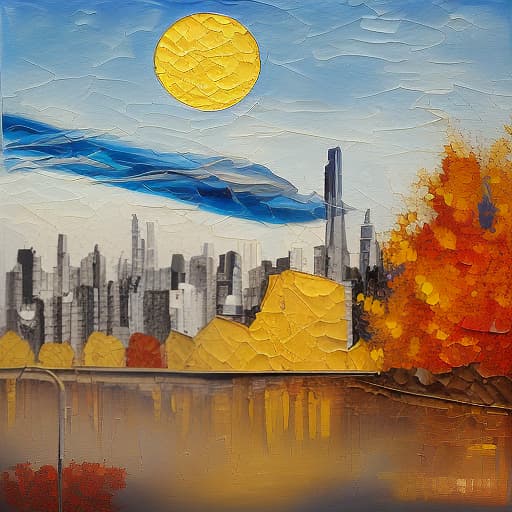 dvarchmodern (painting abstract, urban landscape, against golden autumn and disturbing sky fall foliage:1.5). high detail, high resolution, high definition.