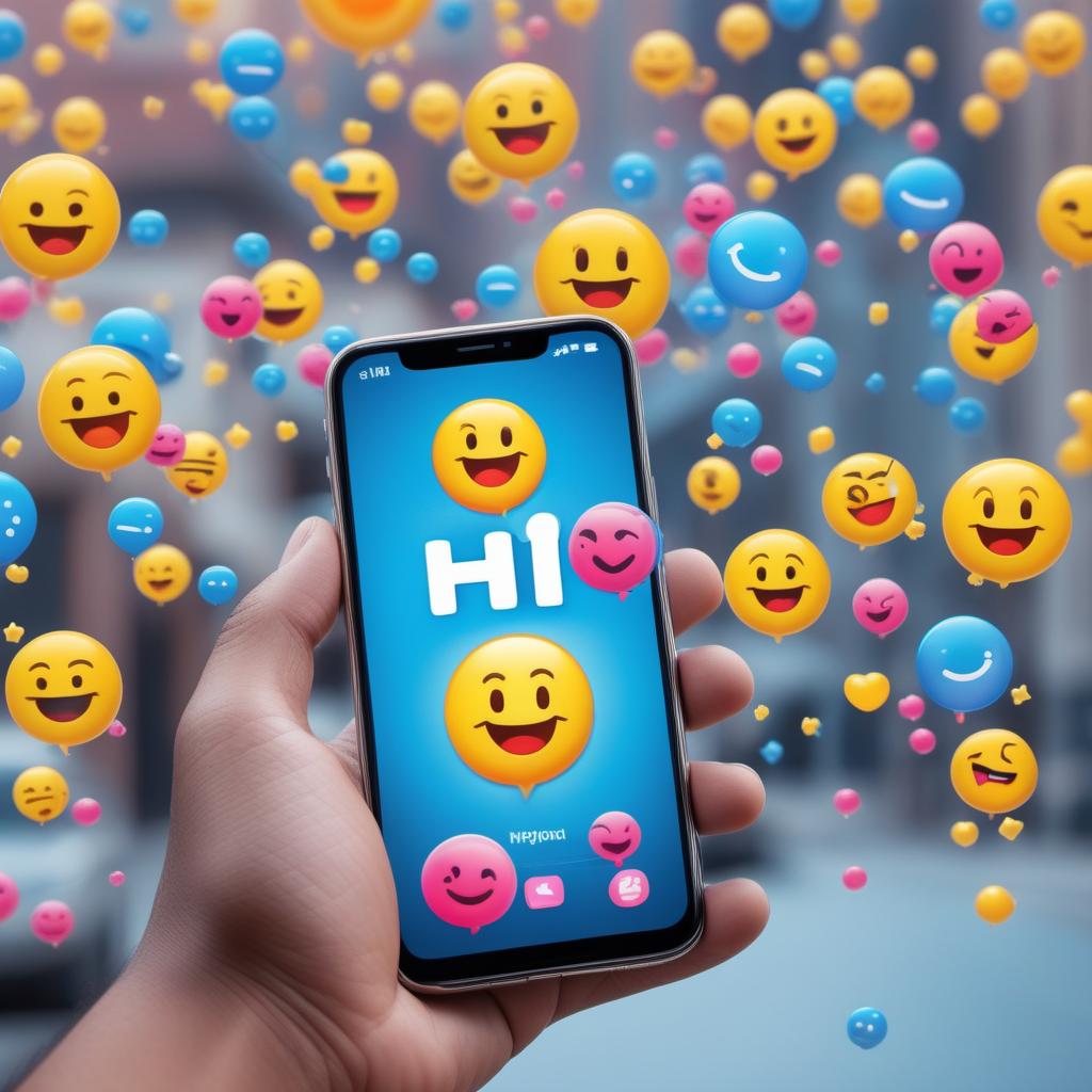  A cheerful text message icon with a sad face, holding a sign that says 'Hi' in a bubble chat, surrounded by buzzing cellphones with blue tick marks. The setting is a digital landscape with bright colors and cartoonish elements. The message is shown feeling lonely as days and nights pass by, symbolized by a sun and moon rotating around it. In the background, other messages are happily chatting with emojis and animated expressions, while the lonely message stands quietly, hoping for a reply. hyperrealistic, full body, detailed clothing, highly detailed, cinematic lighting, stunningly beautiful, intricate, sharp focus, f/1. 8, 85mm, (centered image composition), (professionally color graded), ((bright soft diffused light)), volumetric fog, trending on instagram, trending on tumblr, HDR 4K, 8K