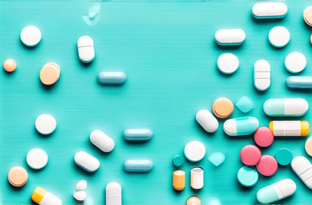  professional detailed photography, abstract background with medical pills. medicine and healthcare concept. ar 3:2, (muted colors, dim colors, soothing tones), (vsco:0.3)