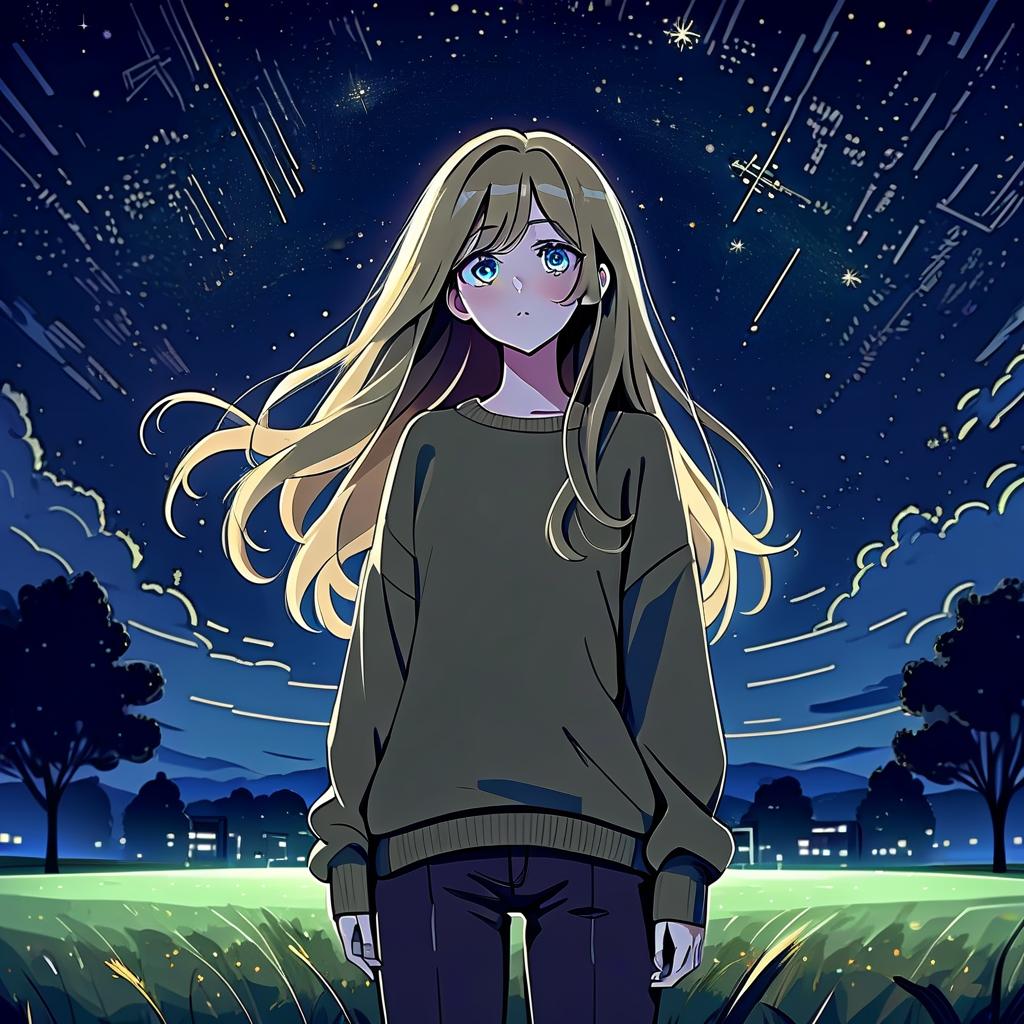  architectural style a girl in anime style with long hair stands in the middle of the field at night wearing a khaki sweater and pants. the girl looks at the starry sky at night, her eyes of a specific color are full of fear of the unknown and curiosity. she pulls her hand up towards the night sky. . clean lines, geometric shapes, minimalist, modern, architectural drawing, highly detailed