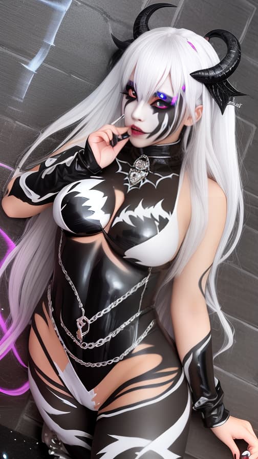  Black and silver flame pattern body paint in every corner of the whole body, Blark body paint full body,White face paint on the face, two succubuses, full body image 女の子