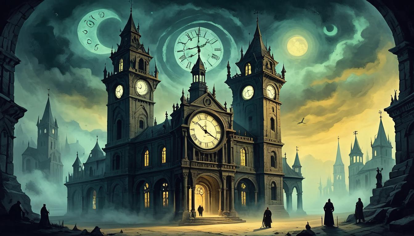  on parchment, surrealism+++, an ancient clock tower with glowing numerals, shadowy figures observing, realization, too late(mysterious, provocative, symbolic,muted color)+++