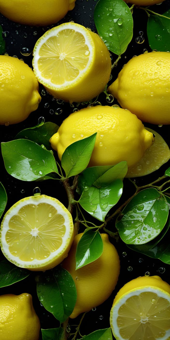  hyperrealistic art juicy yellow lemons on a branch, lemon slices with dew drops and green leaves, many, on a black background, hyperrealistic, professional photo, realistic, 64k, high resolution, bright and juicy, bright lighting, aesthetic, beautiful . extremely high resolution details, photographic, realism pushed to extreme, fine texture, incredibly lifelike