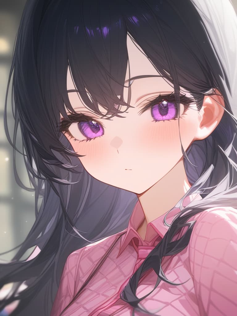  idol, purple eyes, black hair long, pink mesh, masterpiece, best quality,8k,ultra detailed,high resolution,an extremely delicate and beautiful,hyper detail