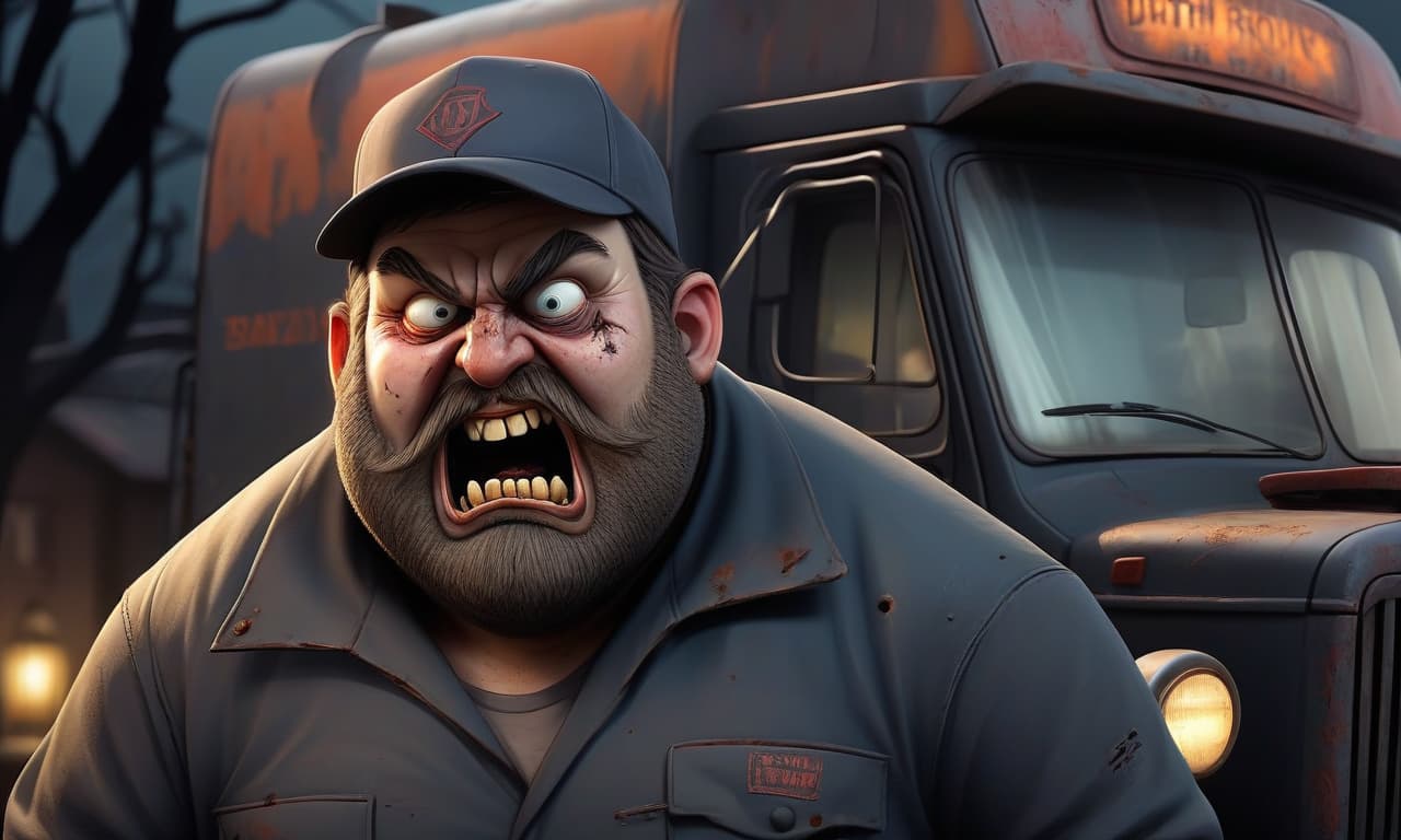  horror themed fat truck driver with beard and dirty rotten teeth, cap, horror, evil, illustration, night . eerie, unsettling, dark, spooky, suspenseful, grim, highly detailed