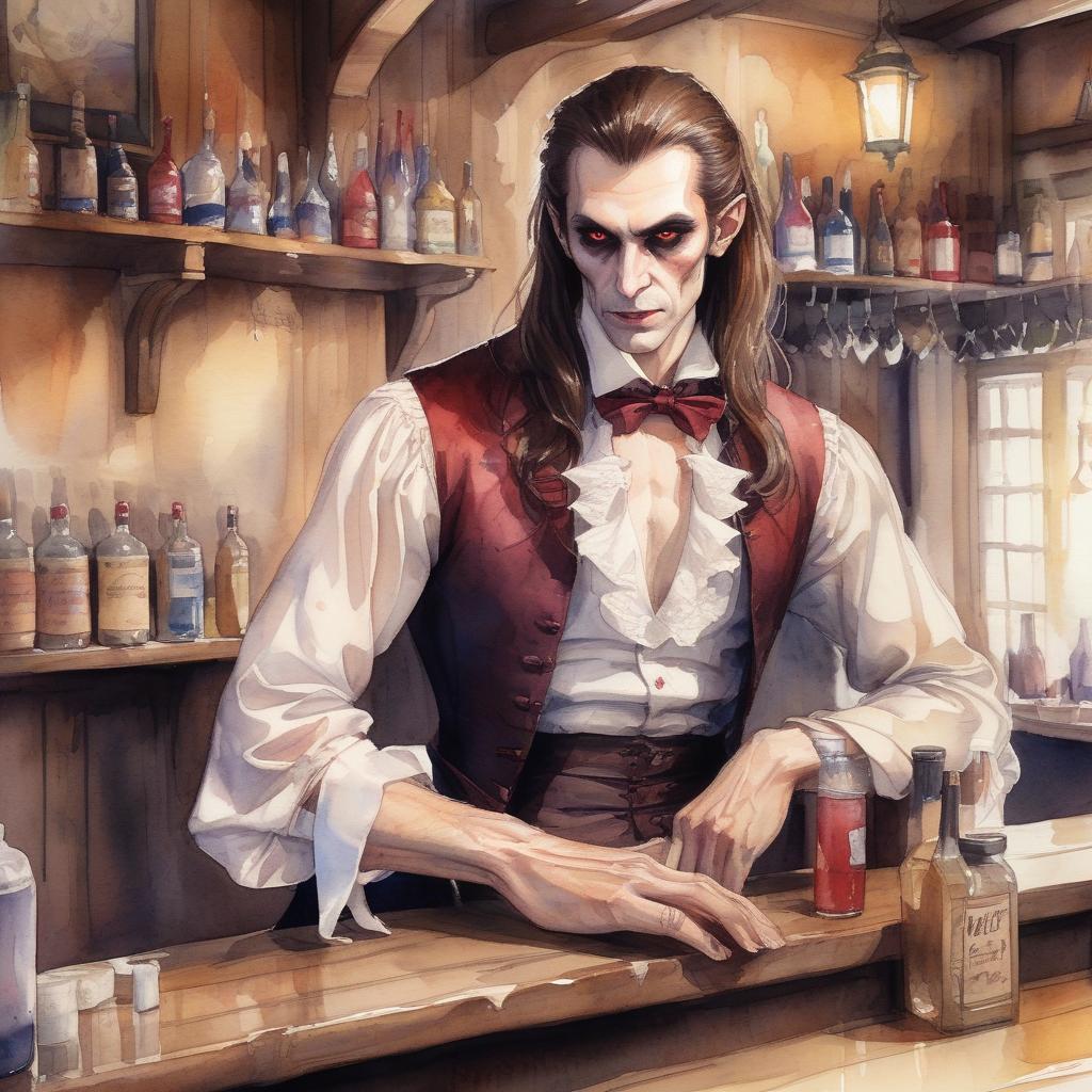  watercolor painting a vampire man with long brown hair tied in ribbon in a tavern behind a counter in dirty clothes . vibrant, beautiful, painterly, detailed, textural, artistic