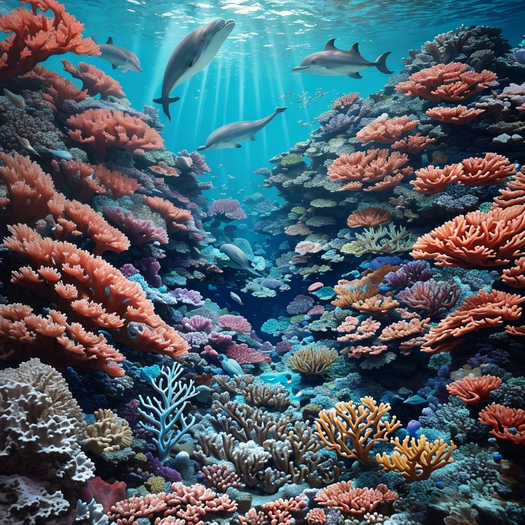  masterpiece, best quality, the beautiful deep sea is full of corals, diverse marine life and charming underwater landscapes, including corals, extremities, small fish, anemones, dolphins, various algae, caves, colorful, 8k resolution and complex details.