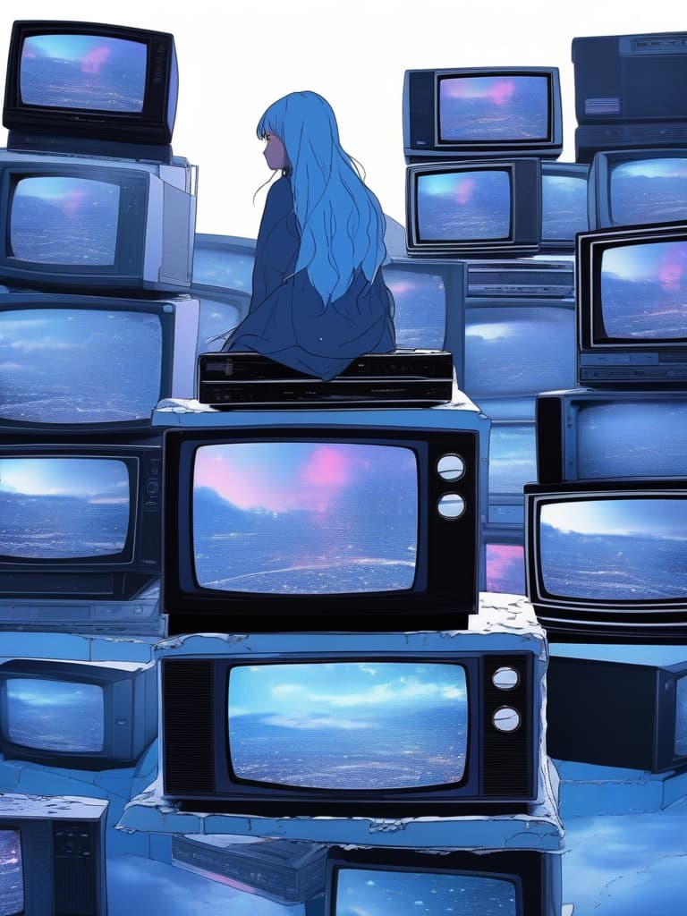  masterpiece,(((girl sitting on top of pile of crt tvs))),looking up,profile,raining,dark cityscape,((faintly glowing crt tv screen)),high quality,16k,[(white background:1.5),::5] hexagon