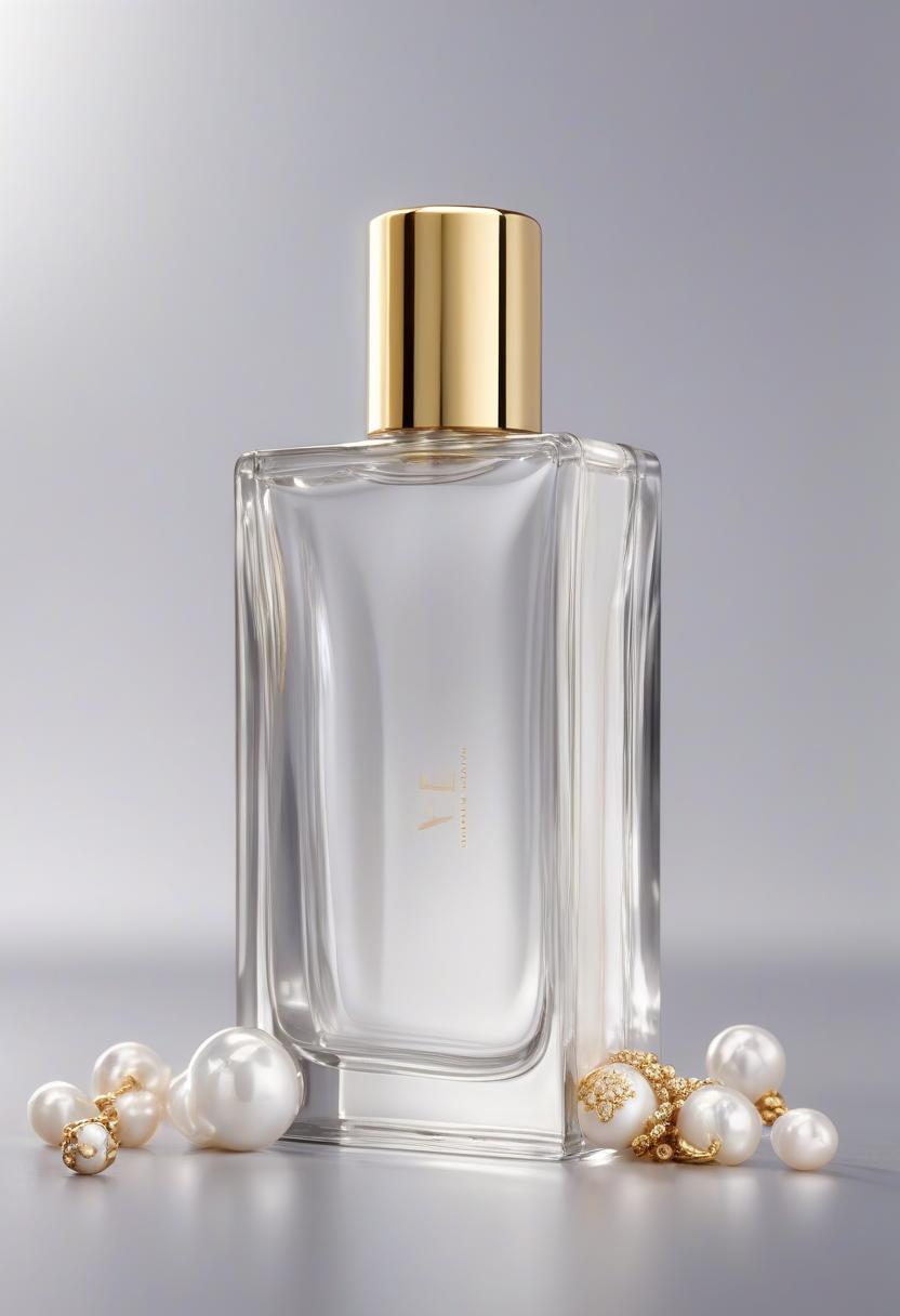  a glass perfume bottle with a white rectangular cap and gold accents, featuring vertical lines on the body of the elegant modern minimalist design. the background is light gray with subtle decorations like pearls or snowflakes. in front of it stands an object resembling jewelry that adds to its luxurious feel. a soft spotlight illuminates the scene from above. there's text at top right about deodorant liquid. on transparent background.