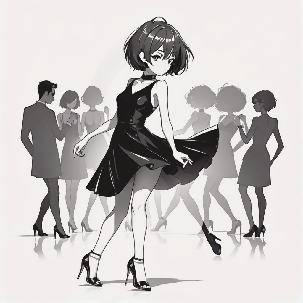  line art drawing girl in little black dress and high heel shoes, short hair. dancing. , dnd, same nightmare. anime style . professional, sleek, modern, minimalist, graphic, line art, vector graphics