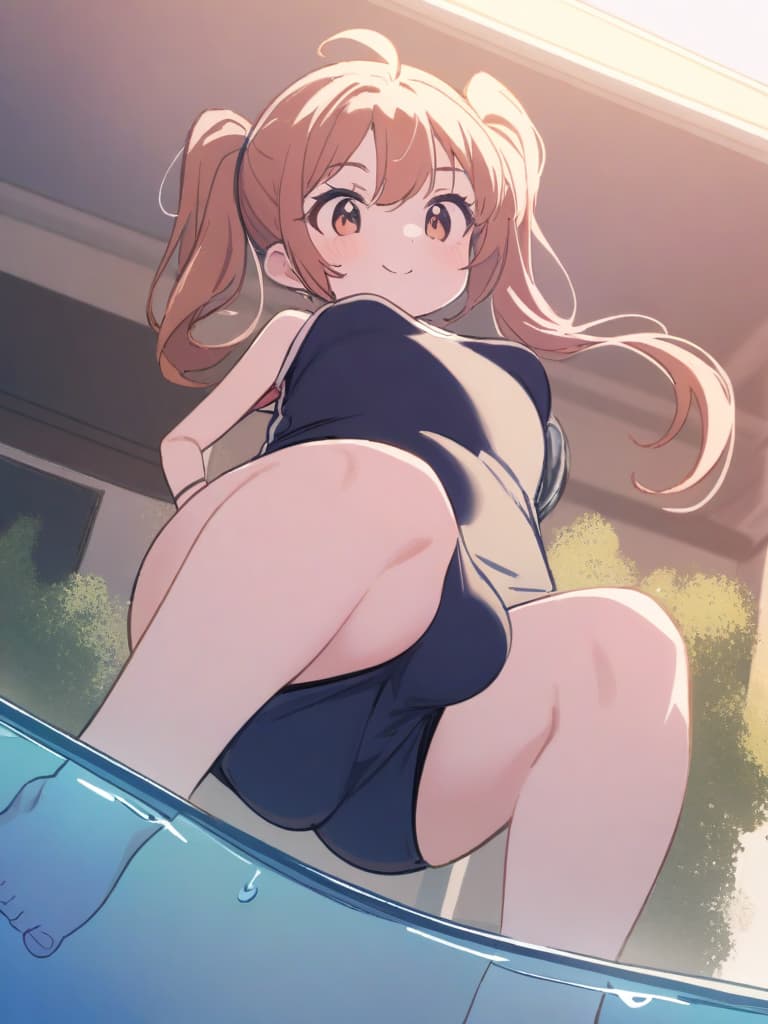  women's elementary students (with male), twin tails, cute smiles, rich s, short stature, dark blue swimwear, old swimwear, swimwear, simple, (swelling), upward, (bulge), front, whole body, pool side,