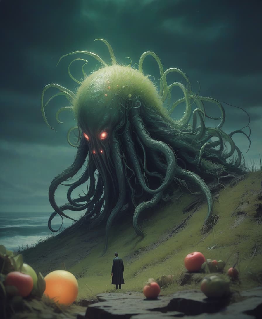  lovecraftian horror figure in the distance. the figure on a high cliff stands on all fours and looks down. curly grass, glowing fruit . eldritch, cosmic horror, unknown, mysterious, surreal, highly detailed