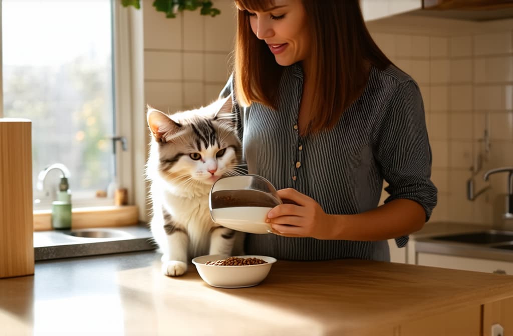  cinematic film style, young woman pouring dry food into a bowl for a white fluffy cat, in a bright modern kitchen, soft light ar 3:2, shallow depth of field, vignette, maximum details, high budget hollywood movie, bokeh, cinemascope, moody, epic, gorgeous, sun rays and shadows on furniture and surfaces, flattering light, raw photo, photography, photorealistic, 8k resolution, f1.4, sharpened focus, sharp focus