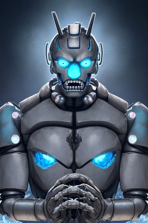  hybrid, robot, s.t.a.f.f. bot (fnaf), black ice frostbear, five nights at freddy's, ignited freddy (tjoc), the joy of creation, humanoid, metallic body, segmented arms, segmented legs, glistened body, metal and rugged, frost covered surfaces. the head is primarily that of ignited freddy, with a partially exposed endoskeleton, damaged and burnt sections, and icy blue glowing led eyes. the mouth is a jagged, partially open maw filled with sharp, metallic teeth, frozen with frost. broad shoulders, armor, scorch mark, melting, metal, uniform, baseball uniform, clothing, burnt clothing, burn scar, ice, skeletal, arm with exposed wiring and frost covered joints, while the other arm is more intact, featuring the staff bot's design with claw like