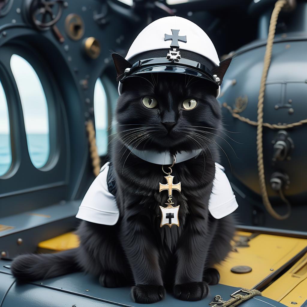  furry black cat with a german knightly cross, in a white cap, in a submarine