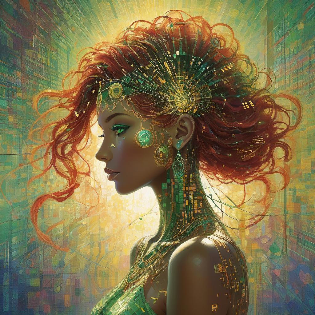  a woman with vibrant multicolored hair and a bejeweled headband, with striking green eyes and gold earrings. high quality, 8k ultra hd, imagine a vibrant canvas illuminated by a cascade of colorful binary code, forming the silhouette of a captivating brown wavy flowy hair woman, the dynamic lines and patterns, reminiscent of a digital dance, weave together to create a harmonious fusion of technology and art, the binary code, in hues ranging from electric blues to radiant reds and vivid greens, breathes life into the woman's form, her silhouette emerges as a synthesis of the digital and the organic, a testament to the seamless integration of technology and beauty in your masterful creation, high detailed, she is standing infront of a wicked