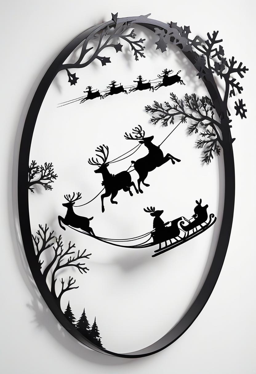  a black silhouette of santa claus in his sleigh, flying through the sky with reindeer against a white background. the scene includes a christmas tree and snowflakes on top, with simple shapes and a flat design. this wall art is suitable for home decor, featuring a circular frame and laser cut iron sheet metal wall hanging decoration. the image is of high resolution, high quality, high detail, and high sharpness, with a hyper realistic and hyper detailed, hyper photorealistic appearance, isolated on a white background.