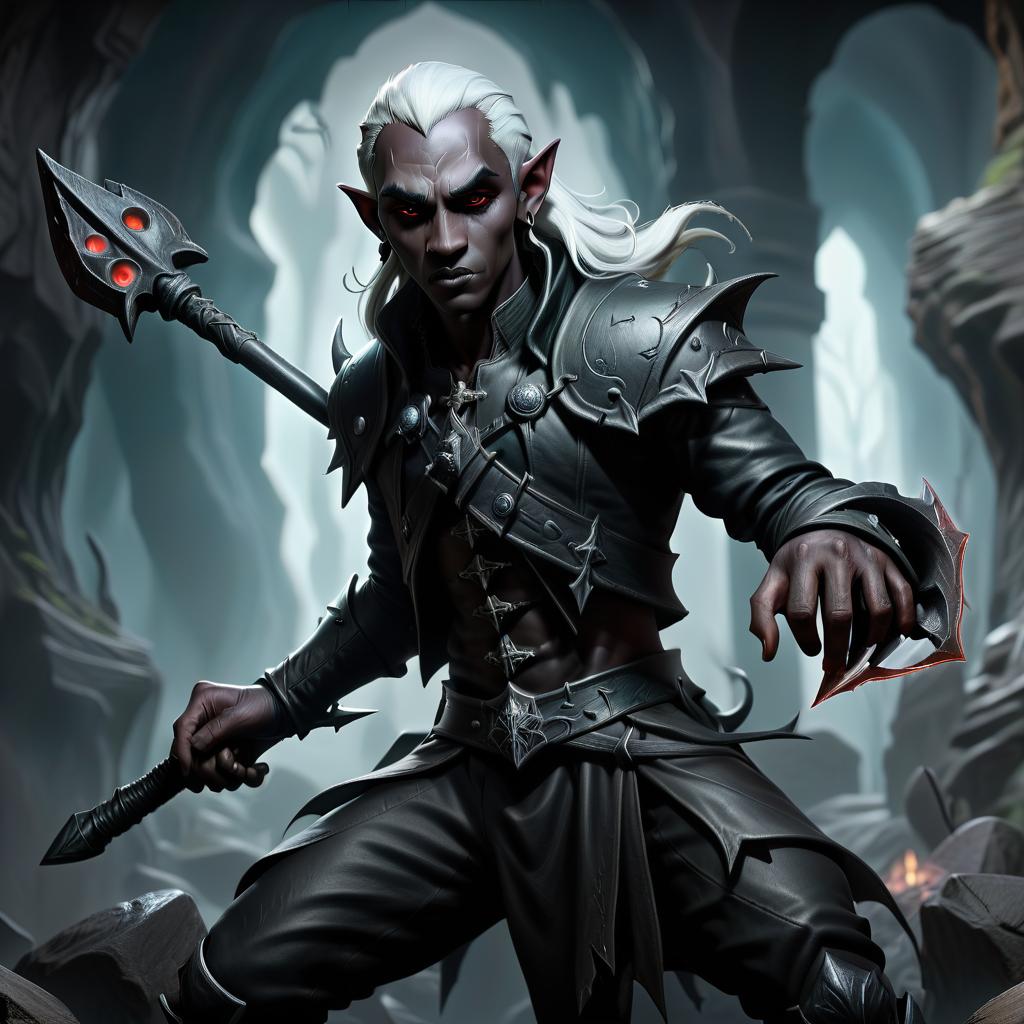  macabre style drow male elf cleric, simble plain black leather jacket, simple iron battle mace, dark cave temple . dark, gothic, grim, haunting, highly detailed, civitai