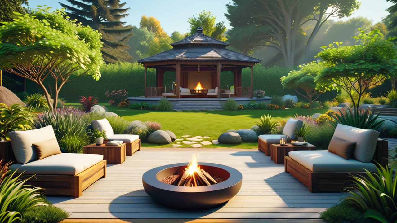  a serene landscape featuring five distinct areas: a vibrant garden for physical wellness, a tranquil meditation space for emotional wellness, a cozy reading nook for intellectual wellness, a communal fire pit for social wellness, and a sunlit yoga deck for spiritual wellness. hyperrealistic, full body, detailed clothing, highly detailed, cinematic lighting, stunningly beautiful, intricate, sharp focus, f/1. 8, 85mm, (centered image composition), (professionally color graded), ((bright soft diffused light)), volumetric fog, trending on instagram, trending on tumblr, HDR 4K, 8K