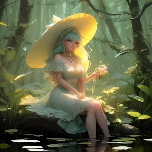 A six yea sitting amid gr and mist on an island in a dark forest with her dress and hat, dipping her feet in the pond with frogs. Suddenly a strong sunlight falls on the . [translatetome en](https://translate.google.com/translate?depth=1&hl=en&prev=search&sl=ru&tl=en&u=А%20шестилетняя%20девочка%20в%20белом%20платье%20и%20шляпке%20сидит%20на%20островке%20среди%20травы%20и%20тумана%20в%20темном%20лесу%20и%20мочит%20ноги%20в%20болоте%20с%20лягушками%2C%20на%20девочку%20падает%20яркий%20солнечный%20свет) hyperrealistic, full body, detailed clothing, highly detailed, cinematic lighting, stunningly beautiful, intricate, sharp focus, f/1. 8, 85mm, (centered image composition), (professionally color graded), ((bright soft diffused light)), volumetric fog, trending on instagram, trending on tumblr, HDR 4K, 8K