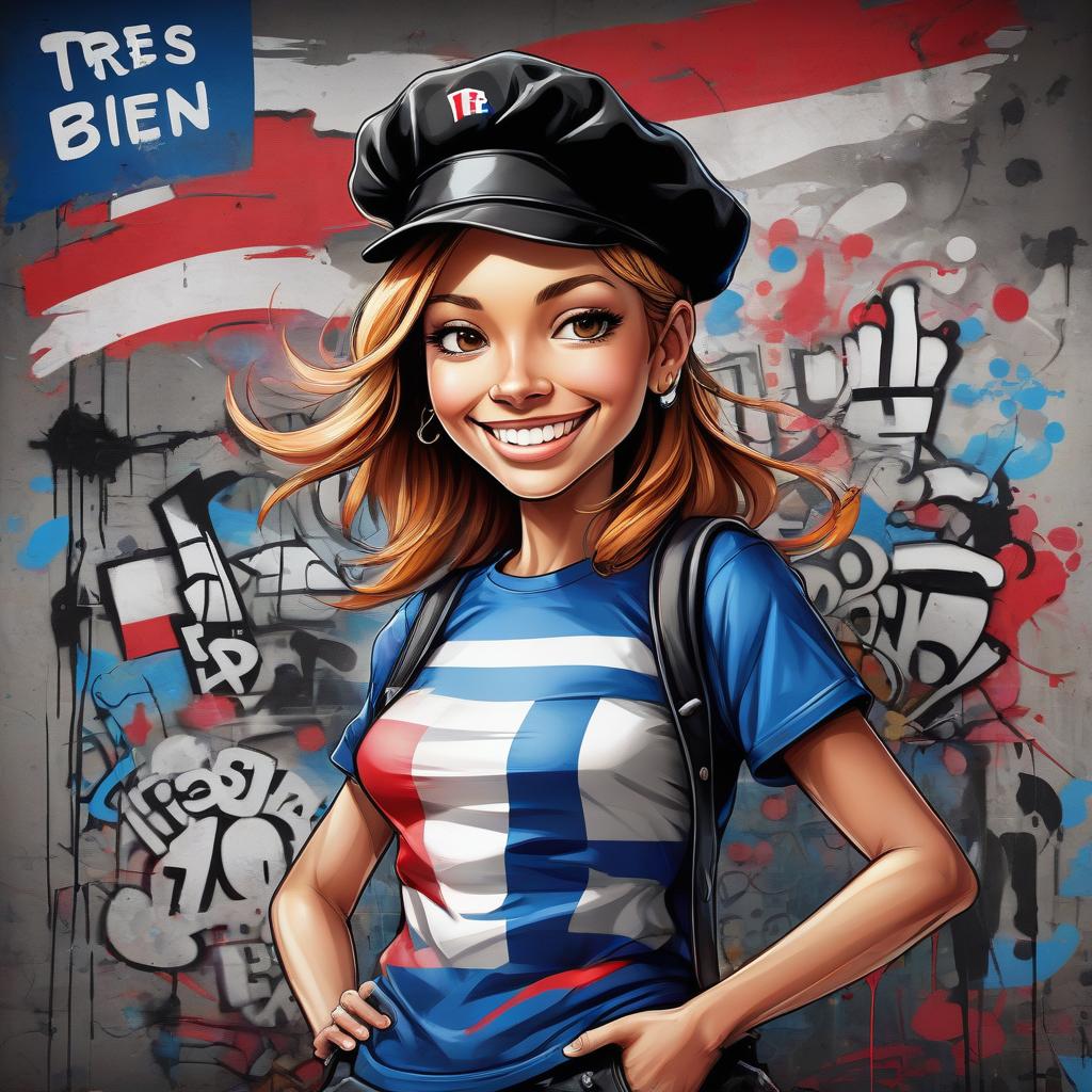  graffiti style vector image, smiling face, cartoon, striped t shirt, black beret, the inscription "tres bien", the colors of the flag of france . street art, vibrant, urban, detailed, tag, mural