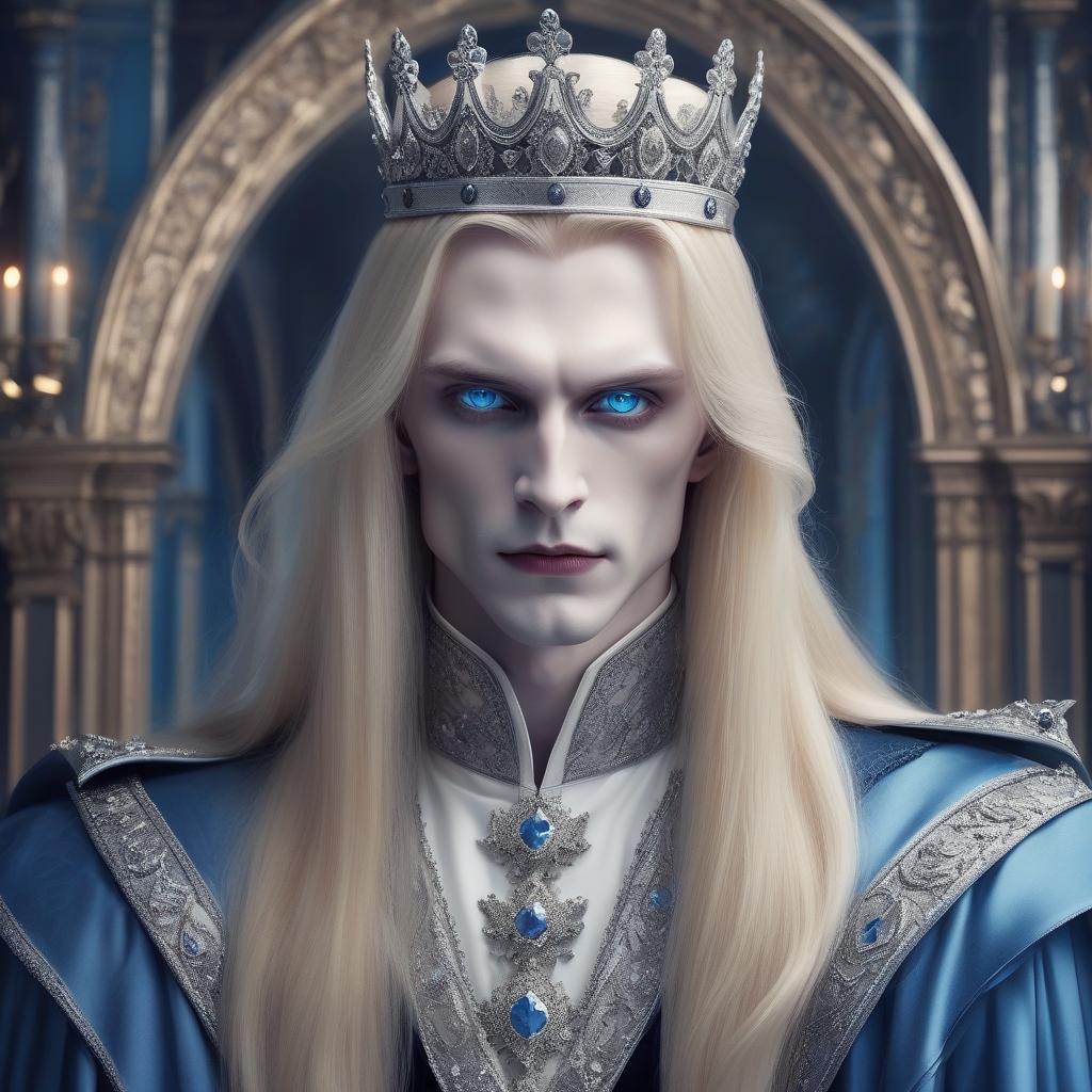  breathtaking vampire aristocrat with long blonde hair, royal clothes and a silver crown on his head, clear blue eyes, pale skin, aesthetics of gloom and beauty . award winning, professional, highly detailed