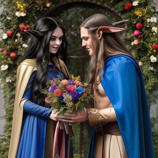  an elf man in a blue cape, with long black hair, gives a multi colored bouquet to an elf woman with golden long hair