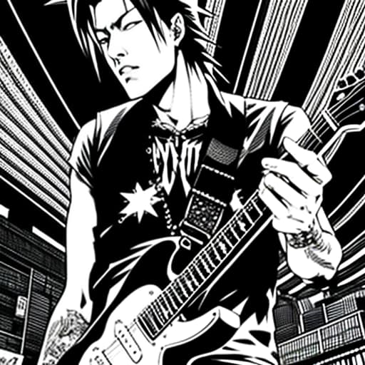  Punk rock artist with a mohawk Liberty spike plays the guitar at a concert floor view, dynamic perspective, wide angle, grunge style, draw, comics art, Sketch, Manga Sketch, Pencil drawing, Black and White, Manga, Manga style, Low detail, Line art, vector art, Monochromatic, by katsuhiro otomo and masamune shirow and studio ghilibi and yukito kishiro hyperrealistic, full body, detailed clothing, highly detailed, cinematic lighting, stunningly beautiful, intricate, sharp focus, f/1. 8, 85mm, (centered image composition), (professionally color graded), ((bright soft diffused light)), volumetric fog, trending on instagram, trending on tumblr, HDR 4K, 8K