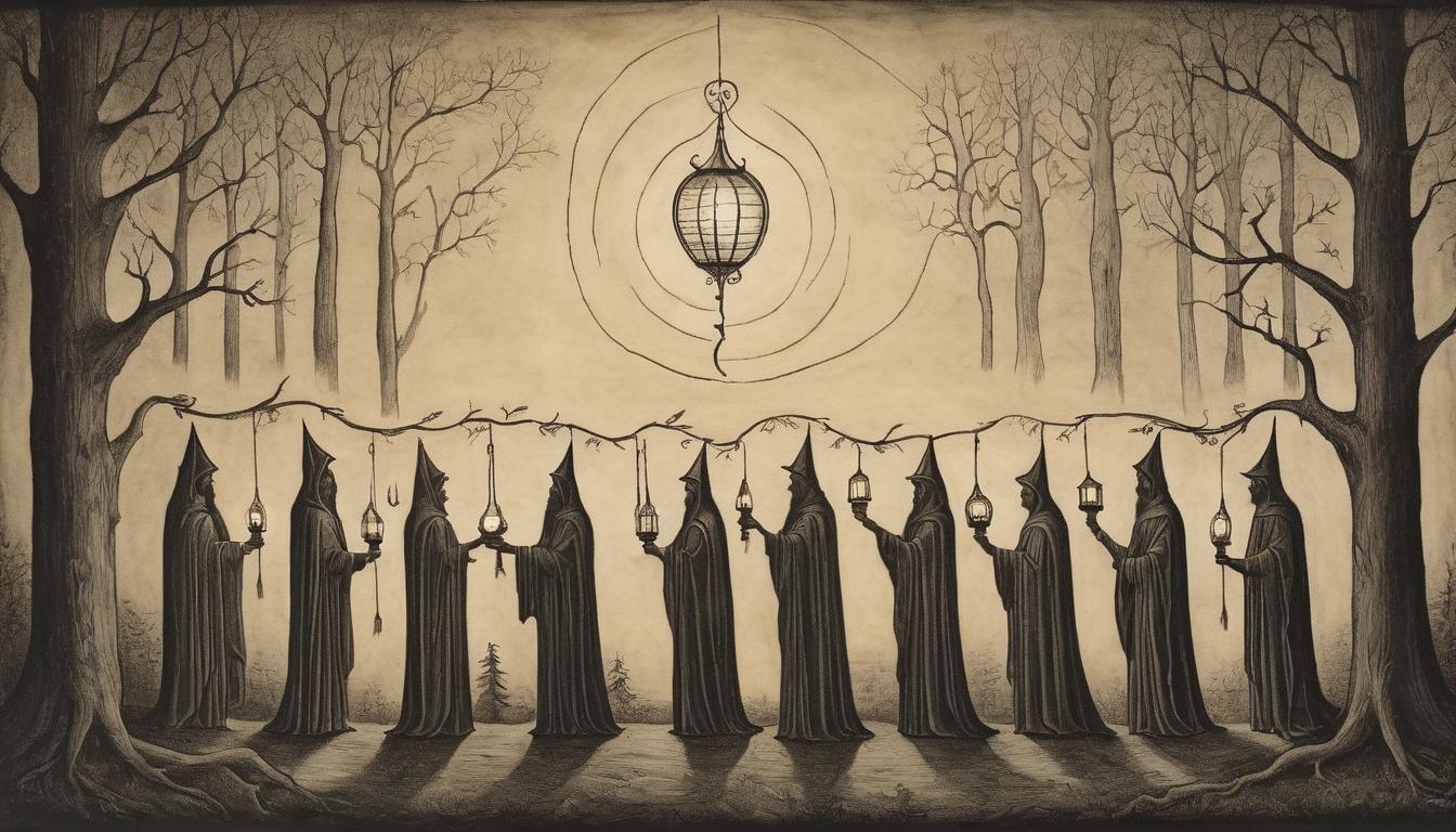  on parchment, surrealism++, a line of radiant young figures, each holding a lantern, standing at the edge of a dark forest, prophetic, guiding light, emerging leaders(mysterious, provocative, symbolic)++