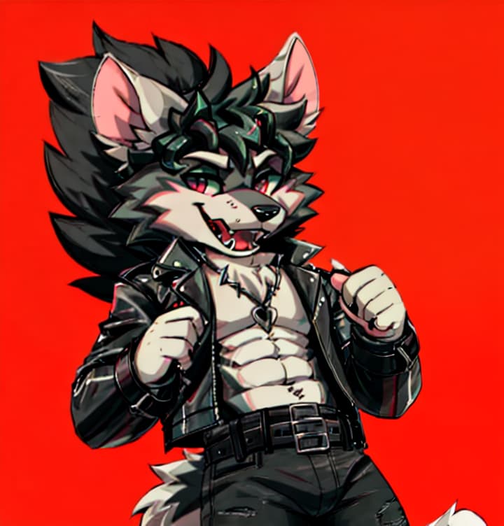  cool skinny twink fluffy rat and wolf mix race guy shirtless with a black leather jacket on open and wearing a black belt and dark grey jeans, (anime:1.25)