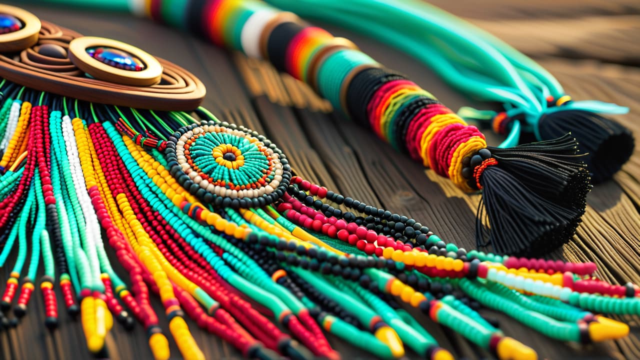  a close up of intricate native american beadwork showcasing vibrant colors and patterns, set against a rustic wooden background, with hands delicately working on a beaded necklace, emphasizing tradition and cultural significance. hyperrealistic, full body, detailed clothing, highly detailed, cinematic lighting, stunningly beautiful, intricate, sharp focus, f/1. 8, 85mm, (centered image composition), (professionally color graded), ((bright soft diffused light)), volumetric fog, trending on instagram, trending on tumblr, HDR 4K, 8K