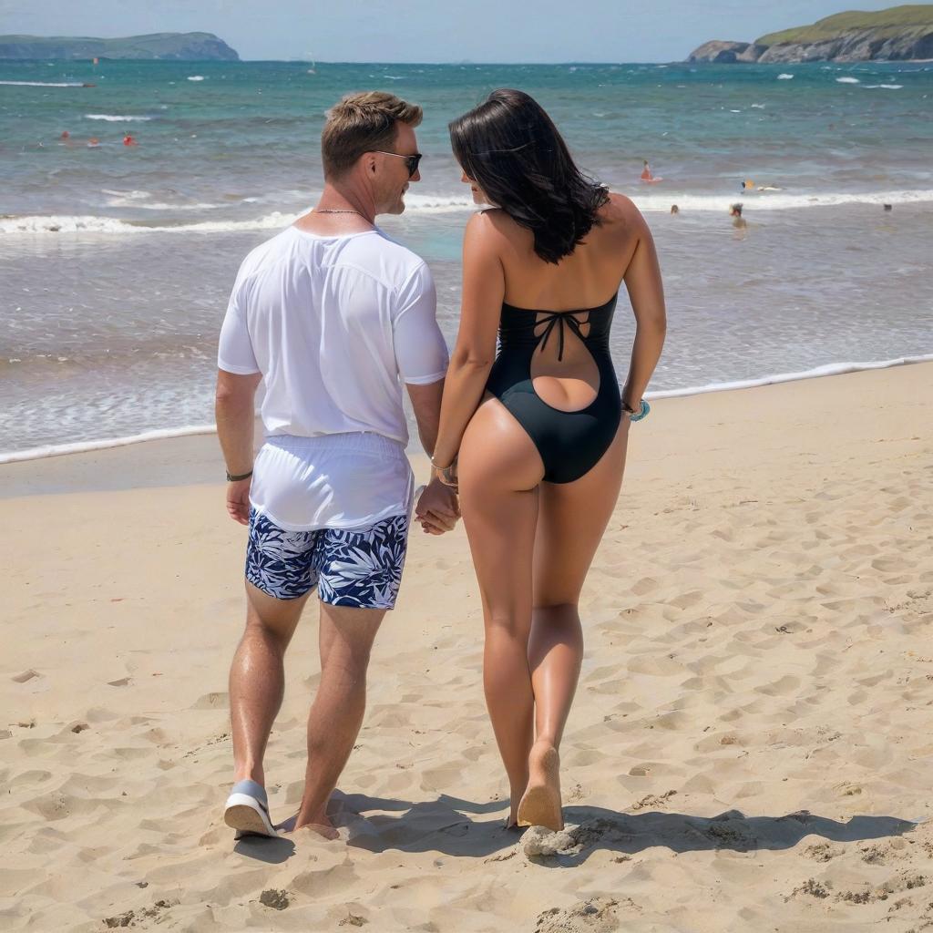  attractive irish couple of a fit late middle aged man wearing long black swimming shorts and a curvy young woman wearing a strapless black all in one swimsuit lovemaking in the beach