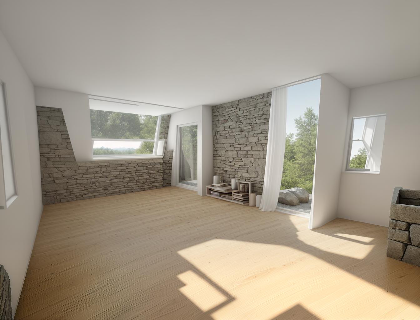  create a photorealistic image of a minimalist room with a stone wall and a large window. the stone wall should add texture and depth to the clean, modern design, while the window brings in natural light, enhancing the room's airy feel.