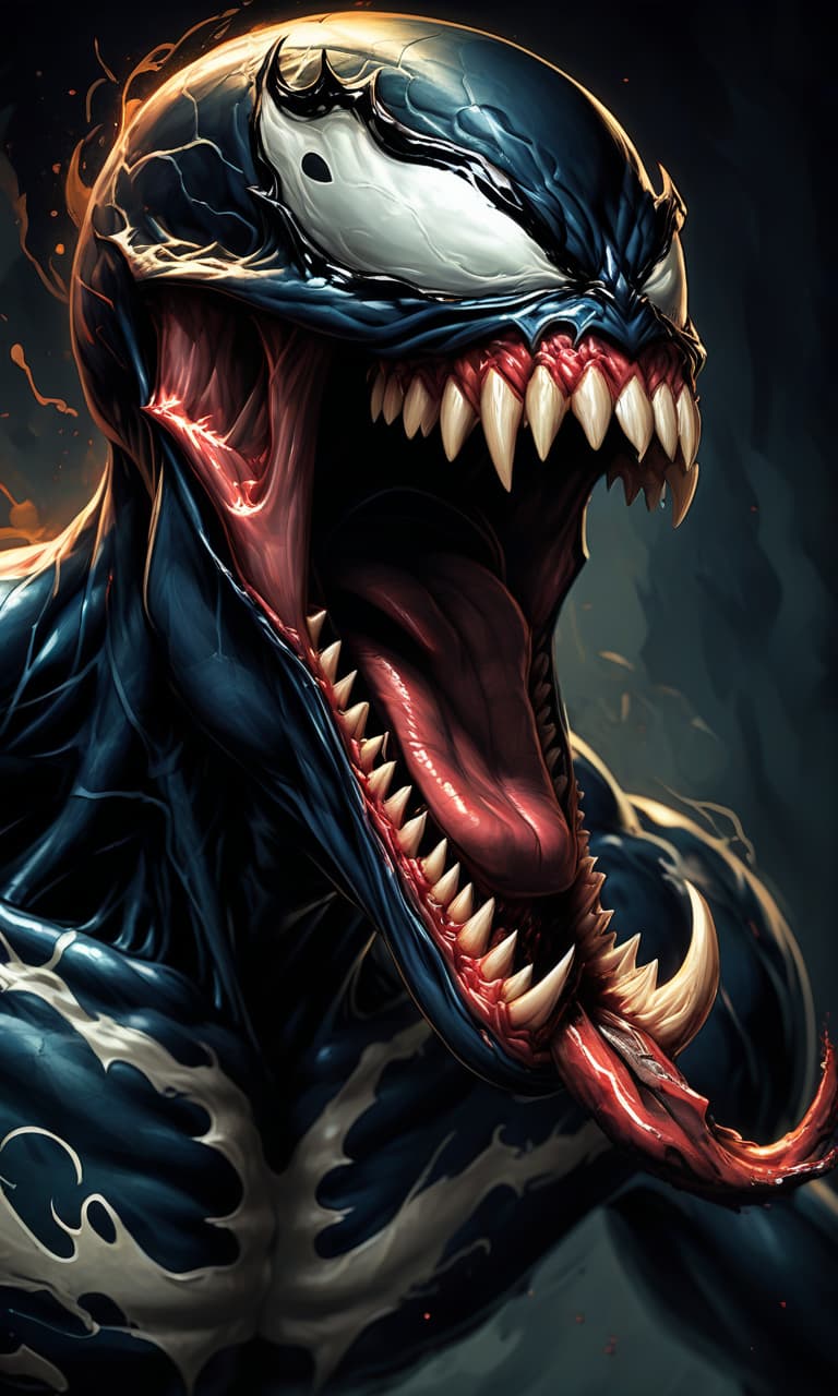  retro game art digital painting, venom ready to strike, close up of head with open mouth, body seems to be moving away, dark background in a room with a weak light source, action, dynamic shot, masterpiece of digital art with an admixture of detailed drawing with oil paints, 16k . 16 bit, vibrant colors, pixelated, nostalgic, charming, fun