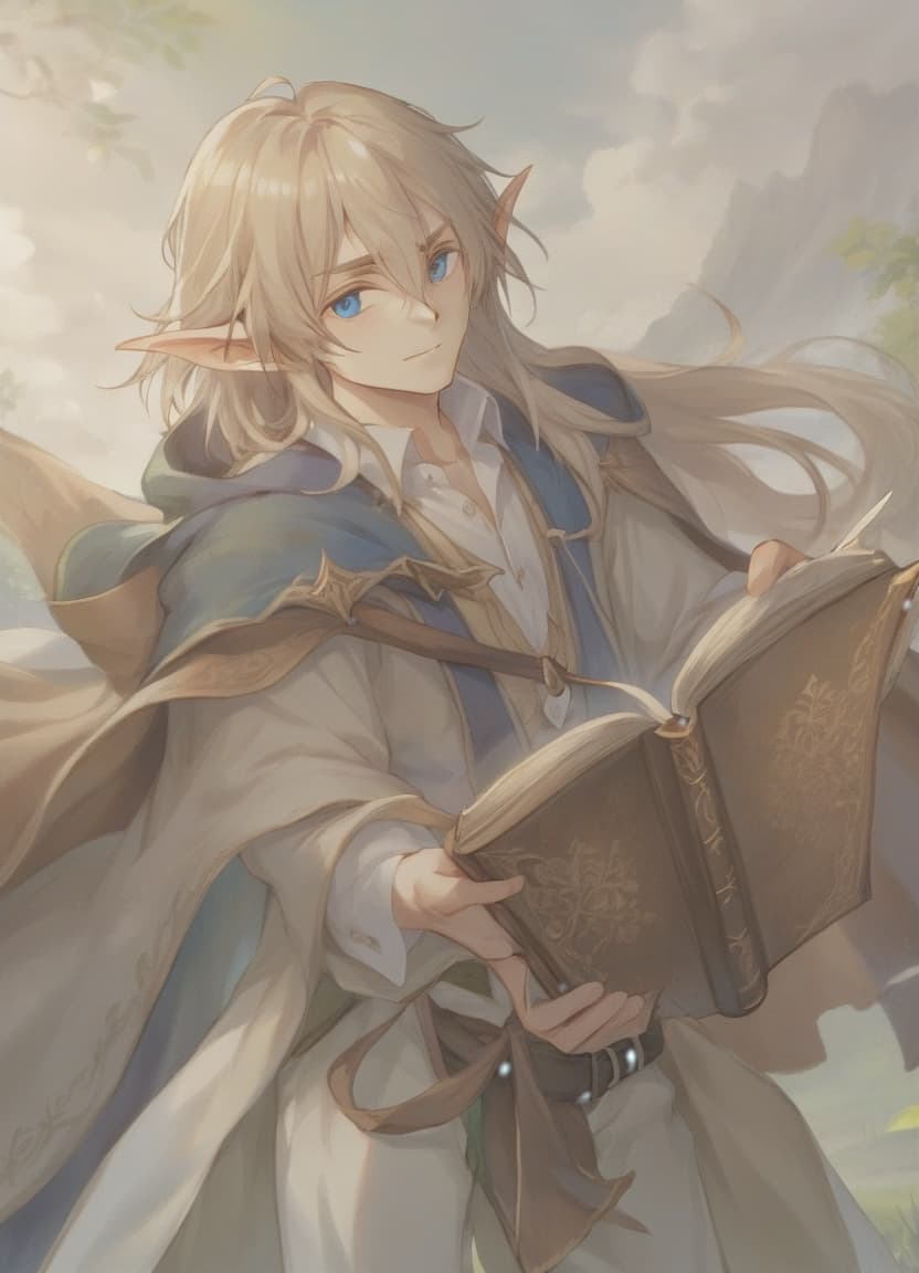  role playing game (rpg) style fantasy a beautiful elf with long straw hair and blue eyes, dressed in a white shirt and beige pants, hangs a brown cloak on his shoulders, holds an open book in his hands . detailed, vibrant, immersive, reminiscent of high fantasy rpg games