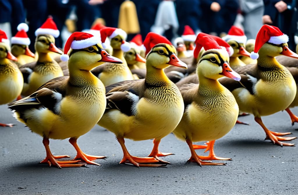  professional detailed photography, flock of ducks waddling wearing a tiny santa hat whimsical holiday parade animal christmas parade ar 3:2, (muted colors, dim colors, soothing tones), (vsco:0.3)