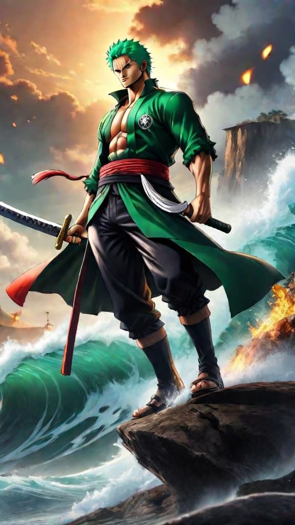  anime art of zoro mastering a forbidden sword style taught by mihawk in one piece. hyperrealistic, full body, detailed clothing, highly detailed, cinematic lighting, stunningly beautiful, intricate, sharp focus, f/1. 8, 85mm, (centered image composition), (professionally color graded), ((bright soft diffused light)), volumetric fog, trending on instagram, trending on tumblr, HDR 4K, 8K