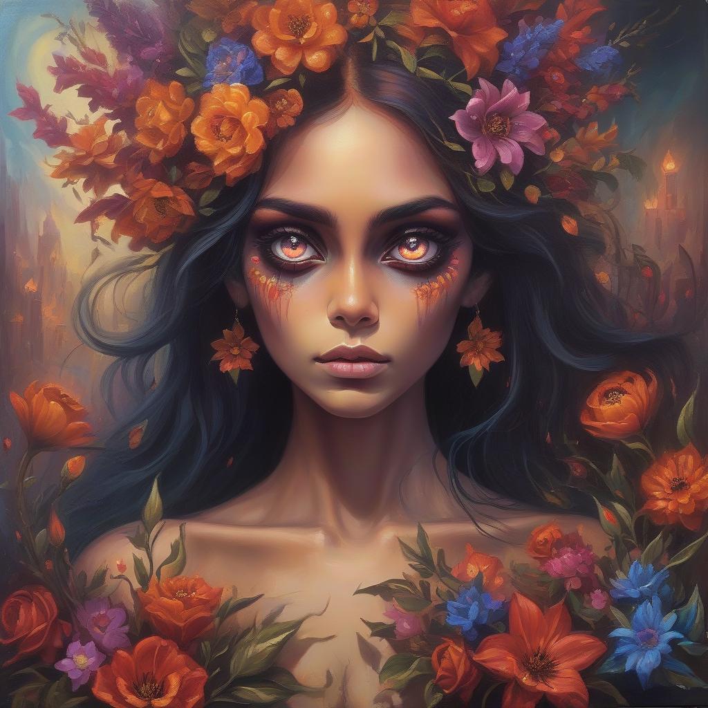  <mymodel>nataasha beautiful woman with flowers, oil painting, detailed fiery eyes, ethereal glow, dark and mysterious, high quality, vibrant colors, surreal, haunting, intricate floral details, intense gaze, mystical atmosphere, oil painting, demon, hybrid, fiery eyes, ethereal, vibrant colors, surreal, haunting, floral details, intense gaze, mystical atmosphere