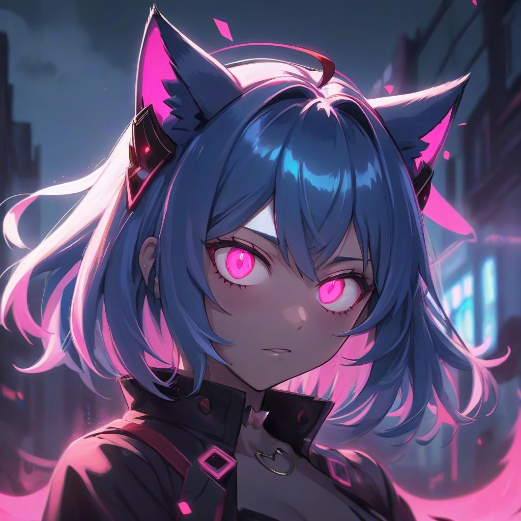  a close up of a person with blue hair, metal cat ears and glowing eyes, anime picture, deep crimson and dark shadows, perfect female body silhouette, bitcoin evil, ((pink)), style of madhouse anime, portrait of evil girl, it is night, looming head, glowneon