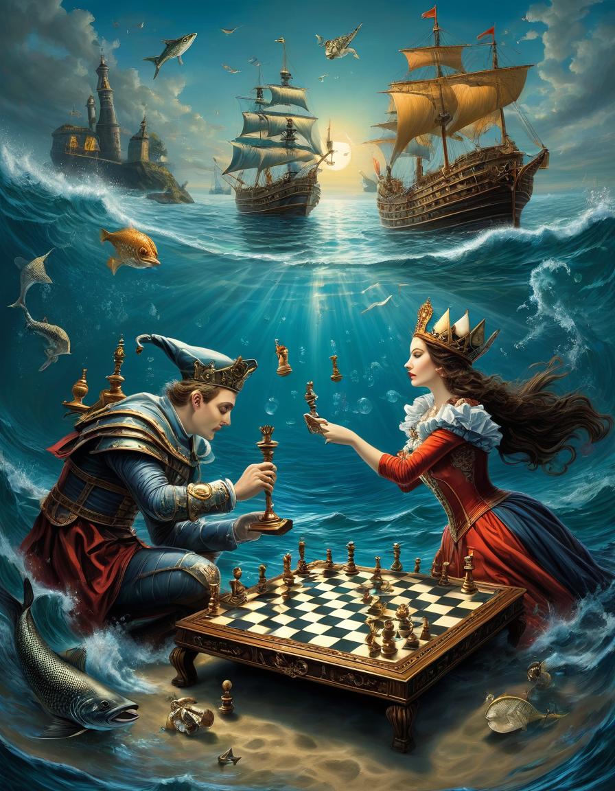  nautical themed illustration, the jester and the queen play chess, in the style of michael cheval, metaphorical literary plot, surrealism, absurd combination of space, inverted reality, land of illusions, fantasy, hallucinations . sea, ocean, ships, maritime, beach, marine life, highly detailed