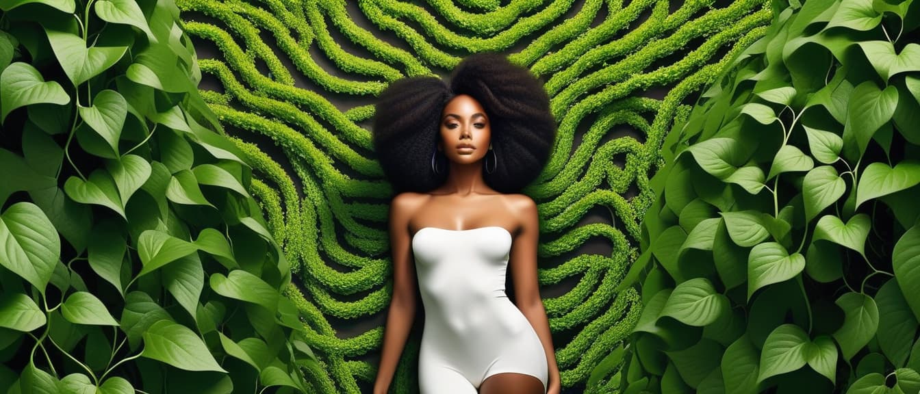  minimalism, a beautiful black woman surrounded by green vines. their entire body., abstract, simple geometic shapes, hard edges, sleek contours, minimalism