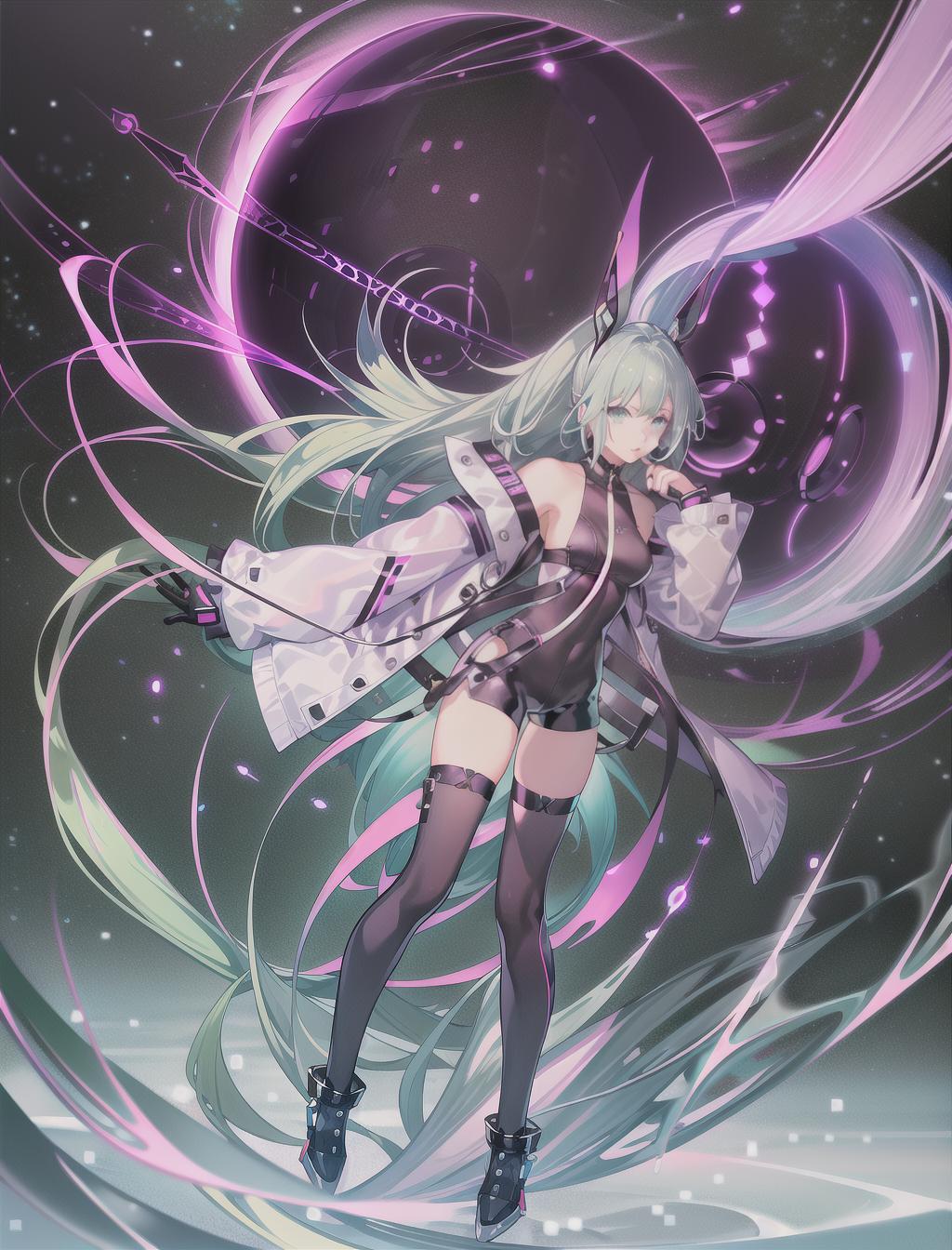  masterpiece, best quality, 1girl, lucy, black body suit, exposed shoulders, white jacket, neon lit city background, asymmetrical short and long undercut silver light purple light blue light green light yellow hair, silver neon eyes, red eyeliner, red lips, black thigh highs, black shorts