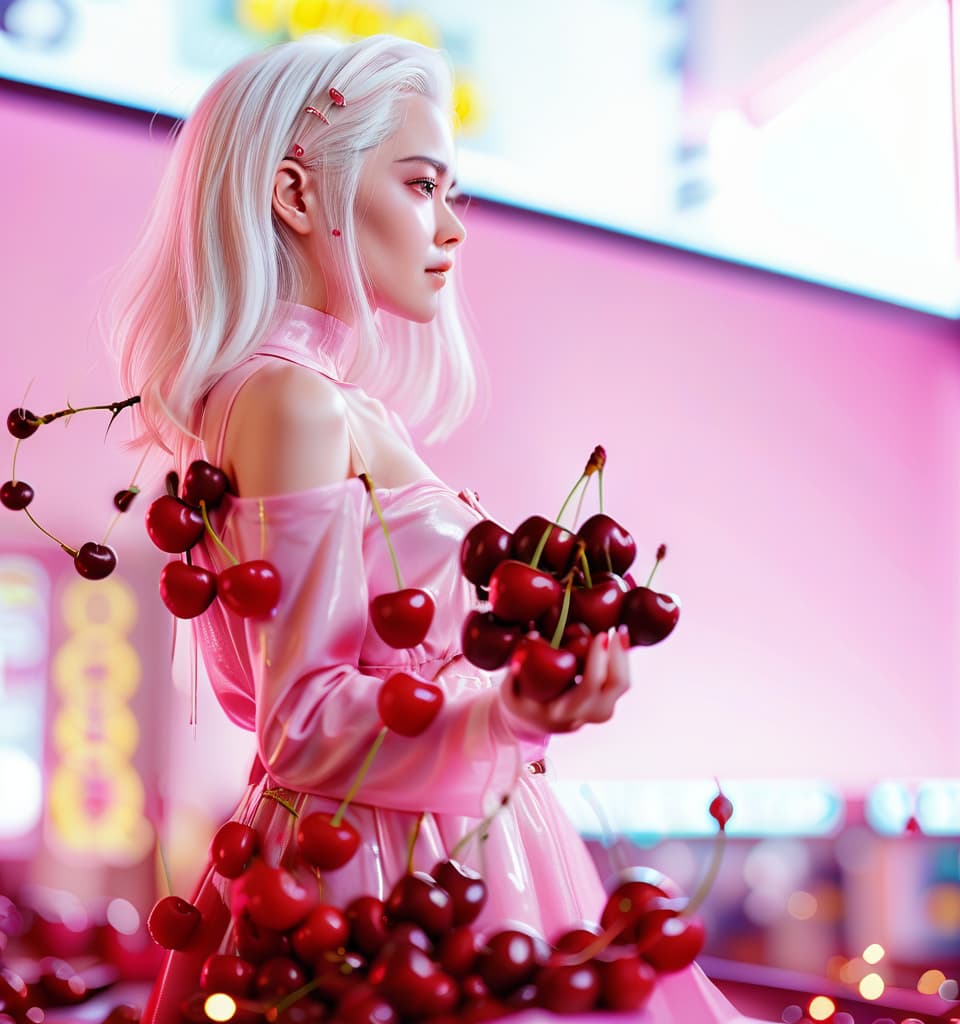  cinematic photo half , white hair, pink background, cherry nches. . 35mm photograph, film, bokeh, professional, 4k, highly detailed, perfecteyes, hkmagic, glowneon