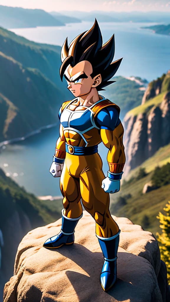  vegeta from dragon ball z standing on a cliff edge, eyes burning with determination, anime art hyperrealistic, full body, detailed clothing, highly detailed, cinematic lighting, stunningly beautiful, intricate, sharp focus, f/1. 8, 85mm, (centered image composition), (professionally color graded), ((bright soft diffused light)), volumetric fog, trending on instagram, trending on tumblr, HDR 4K, 8K