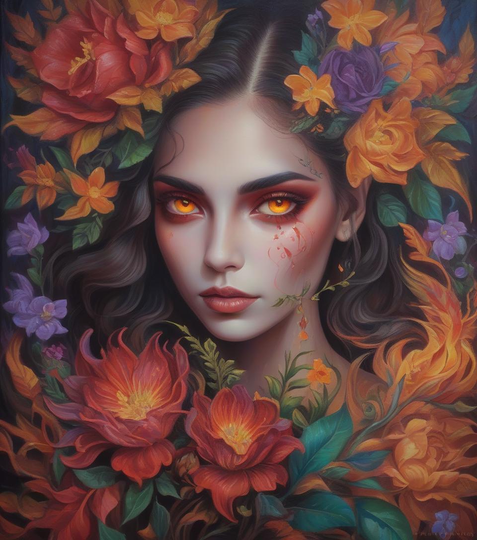  <mymodel>nataasha beautiful woman with flowers, oil painting, detailed fiery eyes, ethereal glow, dark and mysterious, high quality, vibrant colors, surreal, haunting, intricate floral details, intense gaze, mystical atmosphere, oil painting, demon, hybrid, fiery eyes, ethereal, vibrant colors, surreal, haunting, floral details, intense gaze, mystical atmosphere