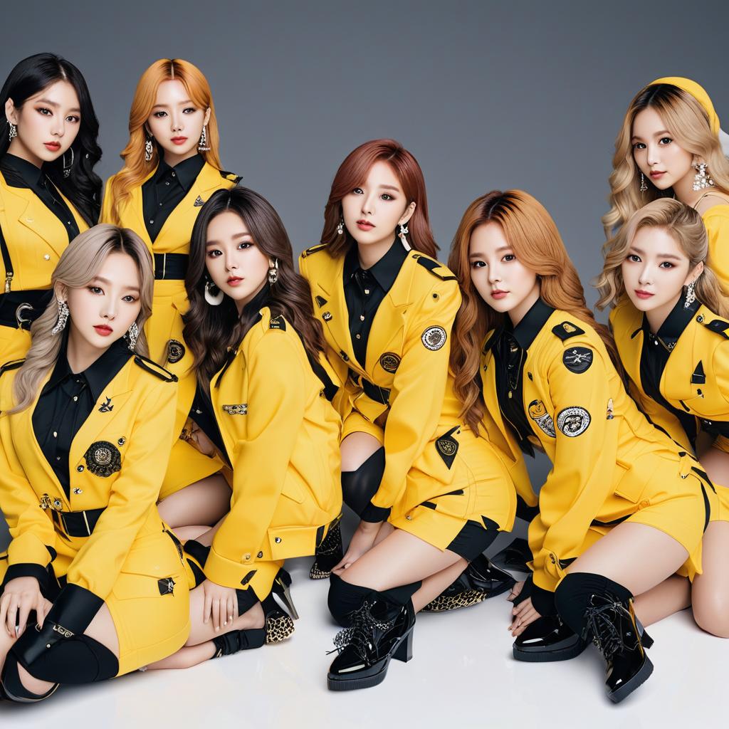  k pop girl group with 6 girls next to each other with black and yellow outfits, award winning, professional, highly detailed, masterpiece