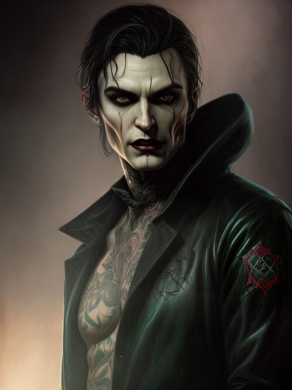  mysterious handsome vampire brunette green eyes black jacket tattoo, dark , creepy , blood , monsters , by jason engle , carlos huante , charlie bowater , simon lee , brom