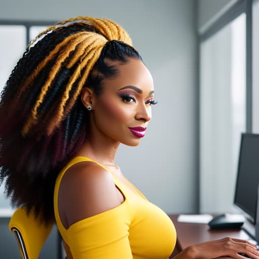  (African American woman, hair in locs in an updo style, woman sitting at a computer desk in a luxury office, woman is wearing a beautiful while and yellow dress), photorealistic, highly detailed, 4k, high quality hyperrealistic, full body, detailed clothing, highly detailed, cinematic lighting, stunningly beautiful, intricate, sharp focus, f/1. 8, 85mm, (centered image composition), (professionally color graded), ((bright soft diffused light)), volumetric fog, trending on instagram, trending on tumblr, HDR 4K, 8K