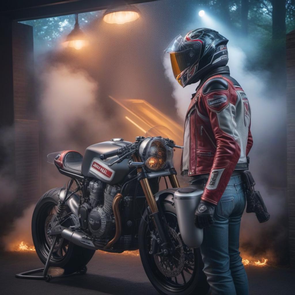  A beautiful motorcycle hyperrealistic, full body, detailed clothing, highly detailed, cinematic lighting, stunningly beautiful, intricate, sharp focus, f/1. 8, 85mm, (centered image composition), (professionally color graded), ((bright soft diffused light)), volumetric fog, trending on instagram, trending on tumblr, HDR 4K, 8K